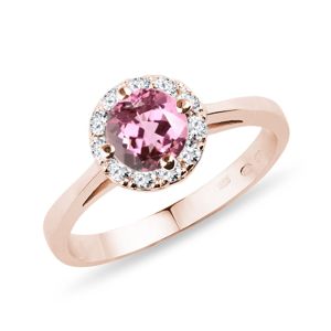 Prsten halo z růžového zlata s turmalínem a diamanty KLENOTA