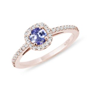 Zásnubní prsten s tanzanitem a diamanty v růžovém zlatě KLENOTA