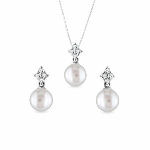 Elegantní set diamantových šperků s perlami v bílém zlatě KLENOTA