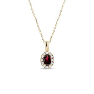 Zlatý halo náhrdelník s oválným granátem a diamanty KLENOTA